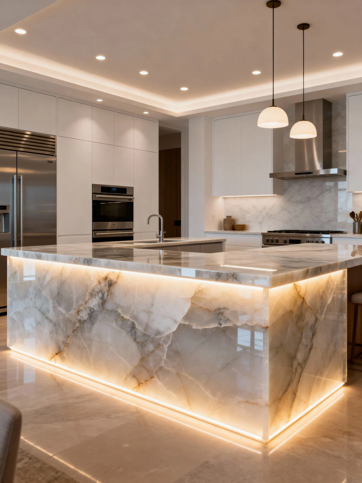 Blaty kamienne podświetlane w nowoczesnych kuchniach